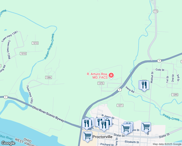 map of restaurants, bars, coffee shops, grocery stores, and more near 351 Private Road 574 in Proctorville
