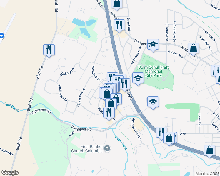 map of restaurants, bars, coffee shops, grocery stores, and more near 100 Columbia Center in Columbia
