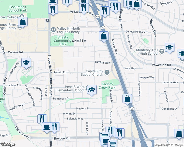 map of restaurants, bars, coffee shops, grocery stores, and more near 7848 Jacinto Road in Elk Grove