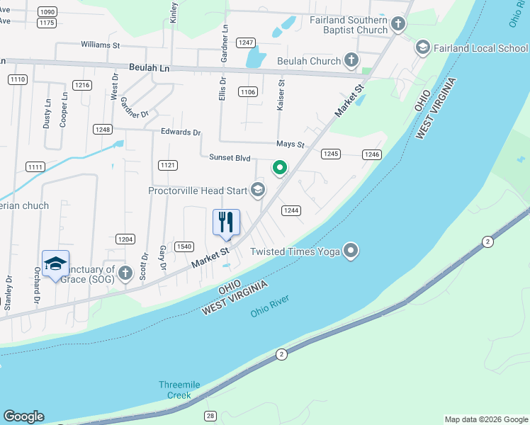 map of restaurants, bars, coffee shops, grocery stores, and more near 9408 County Road 107 in Proctorville