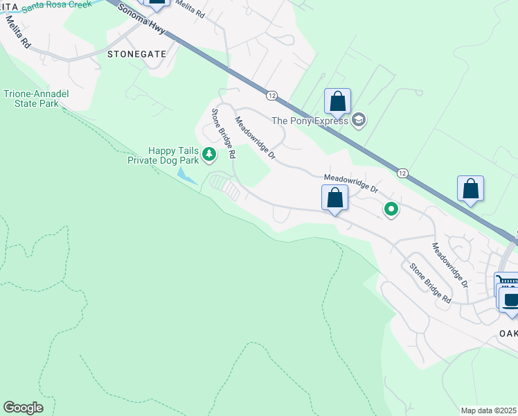 map of restaurants, bars, coffee shops, grocery stores, and more near 303 Stone Creek Circle in Santa Rosa