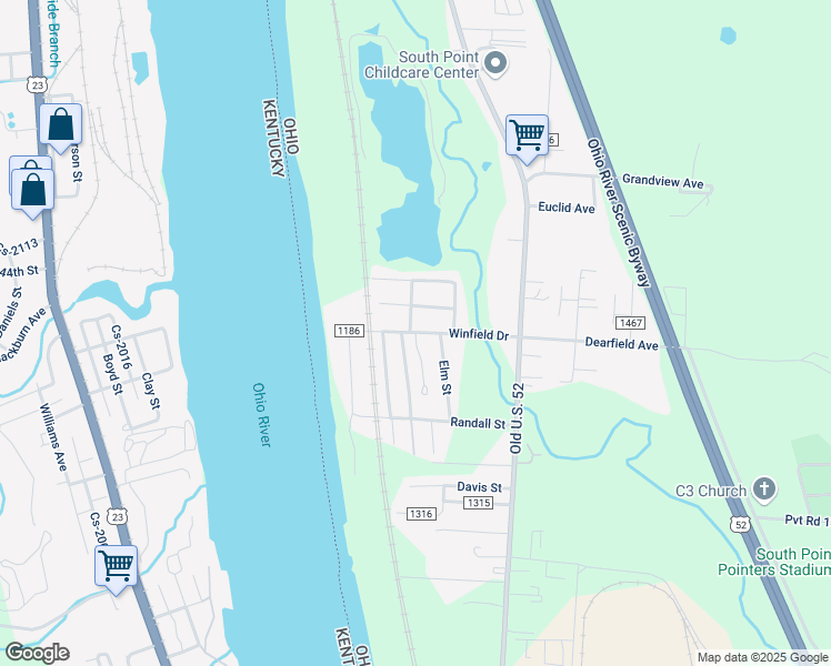 map of restaurants, bars, coffee shops, grocery stores, and more near 223 Township Road 1186 in South Point