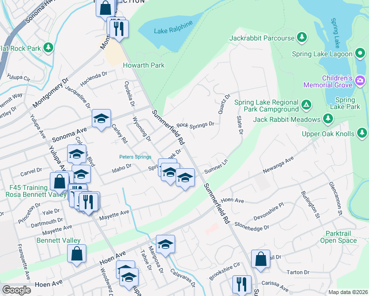 map of restaurants, bars, coffee shops, grocery stores, and more near 1007 Summerfield Road in Santa Rosa