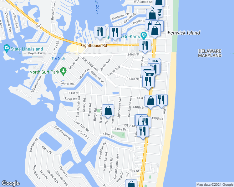 map of restaurants, bars, coffee shops, grocery stores, and more near 14009 Lighthouse Avenue in Ocean City