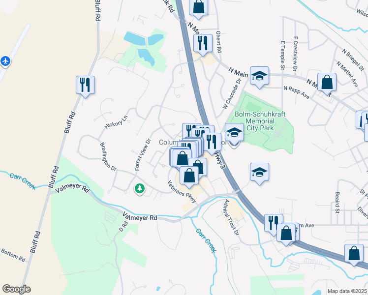 map of restaurants, bars, coffee shops, grocery stores, and more near 100 Columbia Center in Columbia