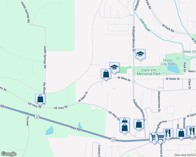 map of restaurants, bars, coffee shops, grocery stores, and more near 1327 West Main Street in Union