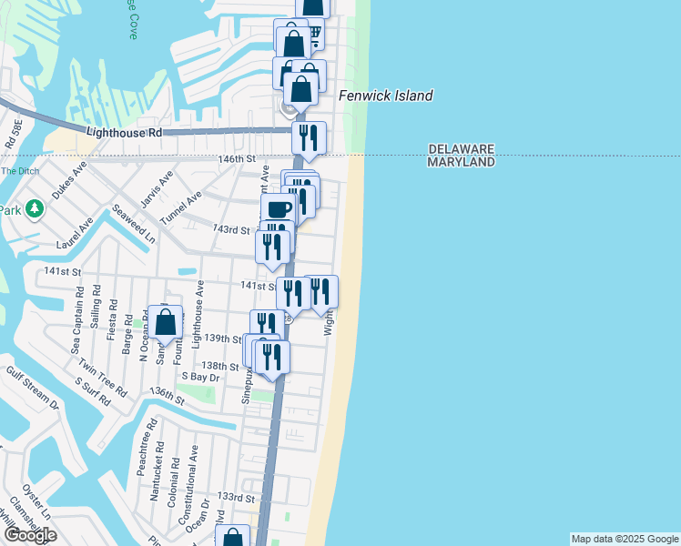 map of restaurants, bars, coffee shops, grocery stores, and more near 6 141st Street in Ocean City