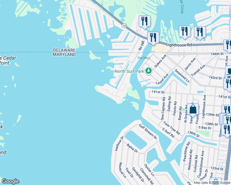 map of restaurants, bars, coffee shops, grocery stores, and more near 13506 Yellow Banks Court in Ocean City