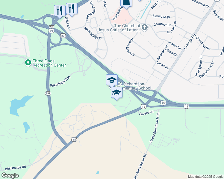 map of restaurants, bars, coffee shops, grocery stores, and more near 18370 Simms Drive in Culpeper