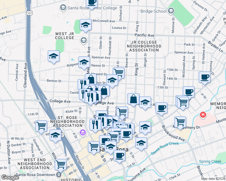 map of restaurants, bars, coffee shops, grocery stores, and more near 756 Humboldt Street in Santa Rosa