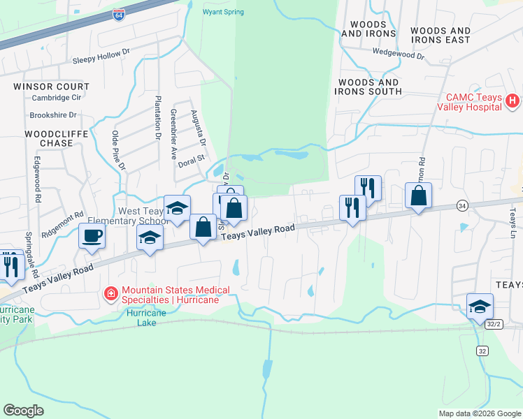 map of restaurants, bars, coffee shops, grocery stores, and more near 1415 Teays Valley Road in Hurricane