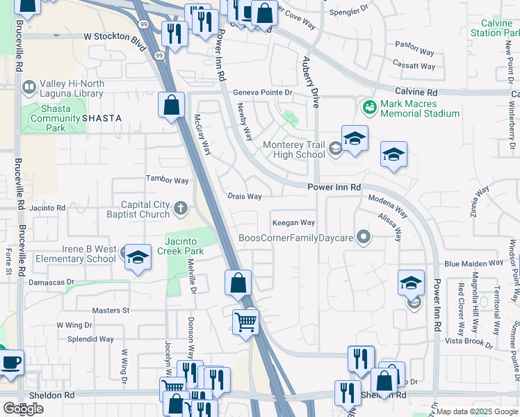 map of restaurants, bars, coffee shops, grocery stores, and more near 8568 Hawley Way in Elk Grove