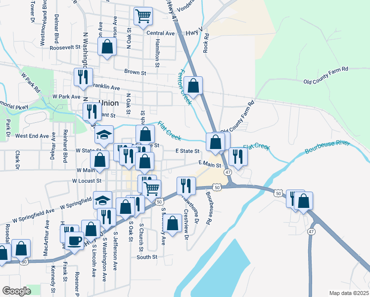 map of restaurants, bars, coffee shops, grocery stores, and more near 701 East State Street in Union