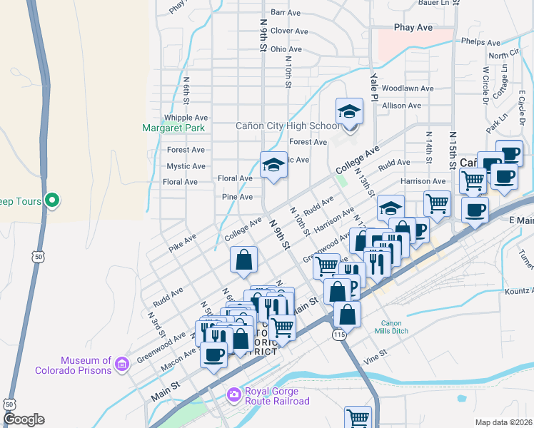 map of restaurants, bars, coffee shops, grocery stores, and more near 831 Hazel Avenue in Cañon City