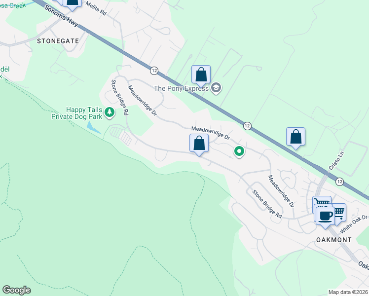 map of restaurants, bars, coffee shops, grocery stores, and more near 6380 Stone Bridge Road in Santa Rosa