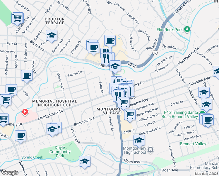 map of restaurants, bars, coffee shops, grocery stores, and more near 327 Gilbert Drive in Santa Rosa