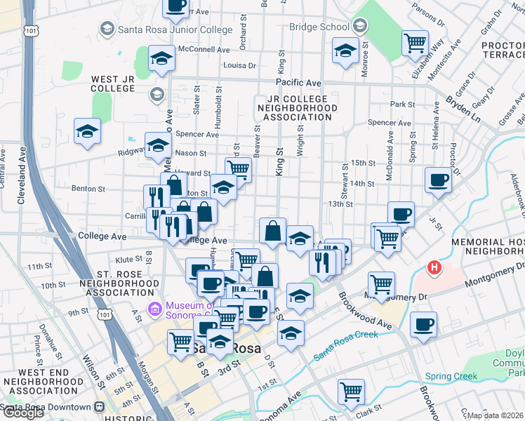 map of restaurants, bars, coffee shops, grocery stores, and more near 732 Beaver Street in Santa Rosa