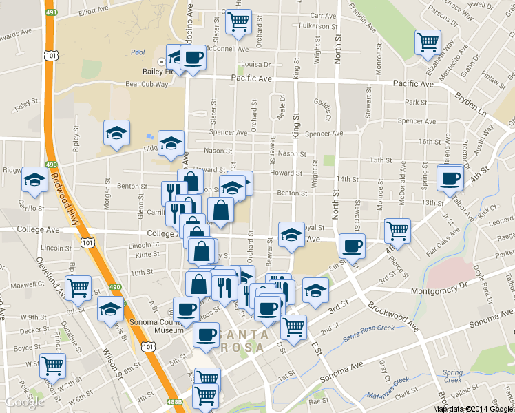 map of restaurants, bars, coffee shops, grocery stores, and more near 738 Orchard Street in Santa Rosa