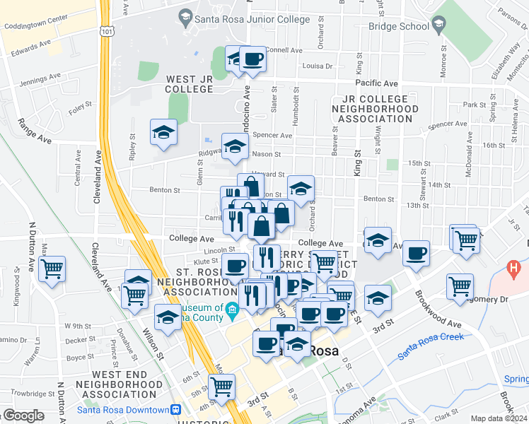 map of restaurants, bars, coffee shops, grocery stores, and more near 731 Slater Street in Santa Rosa
