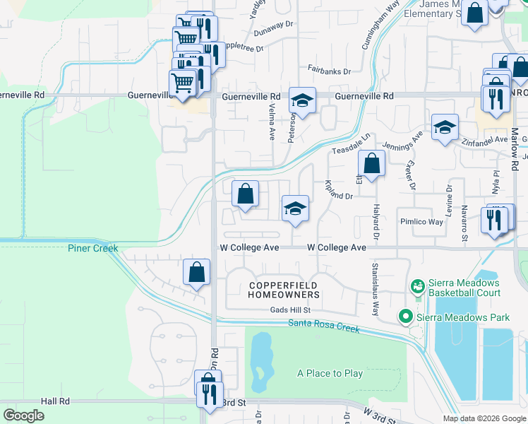 map of restaurants, bars, coffee shops, grocery stores, and more near 37 Yorkshire Drive in Santa Rosa