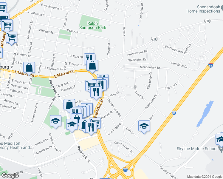 map of restaurants, bars, coffee shops, grocery stores, and more near 942 Vine Street in Harrisonburg