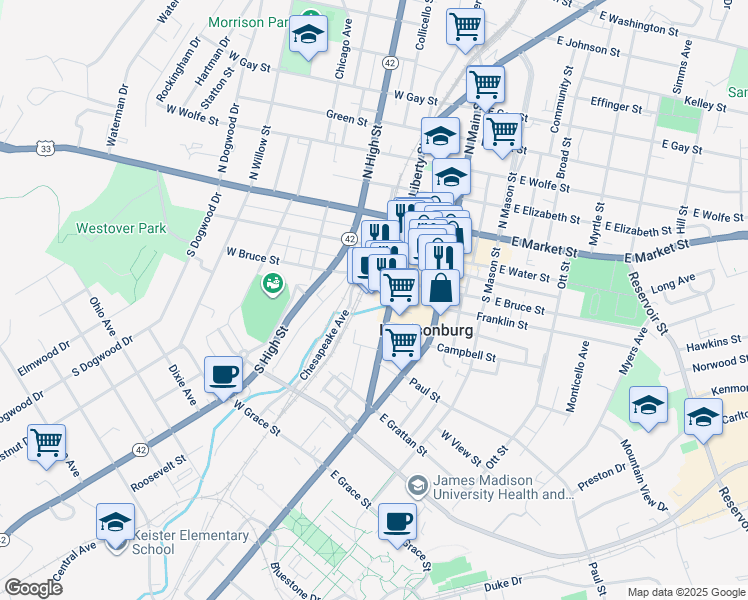 map of restaurants, bars, coffee shops, grocery stores, and more near 231 Lee Highway in Harrisonburg