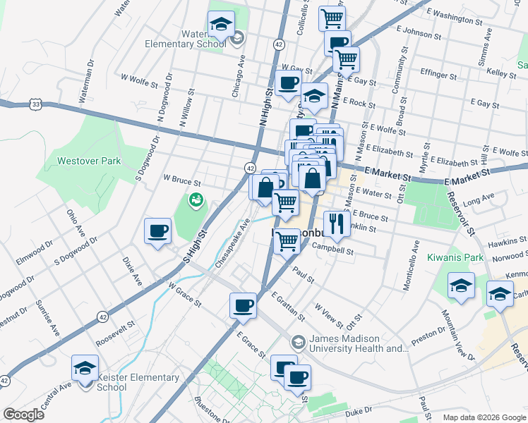 map of restaurants, bars, coffee shops, grocery stores, and more near 231 Lee Highway in Harrisonburg