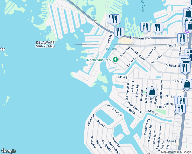 map of restaurants, bars, coffee shops, grocery stores, and more near 13487 Bella Vista Lane in Ocean City
