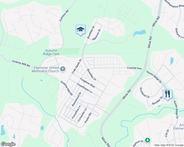 map of restaurants, bars, coffee shops, grocery stores, and more near 313 Boxelder Drive in Stafford