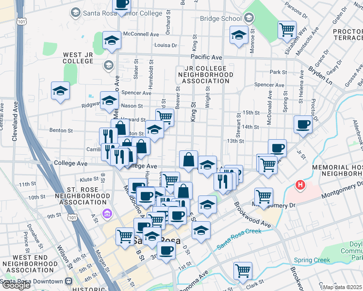 map of restaurants, bars, coffee shops, grocery stores, and more near 732 Beaver Street in Santa Rosa