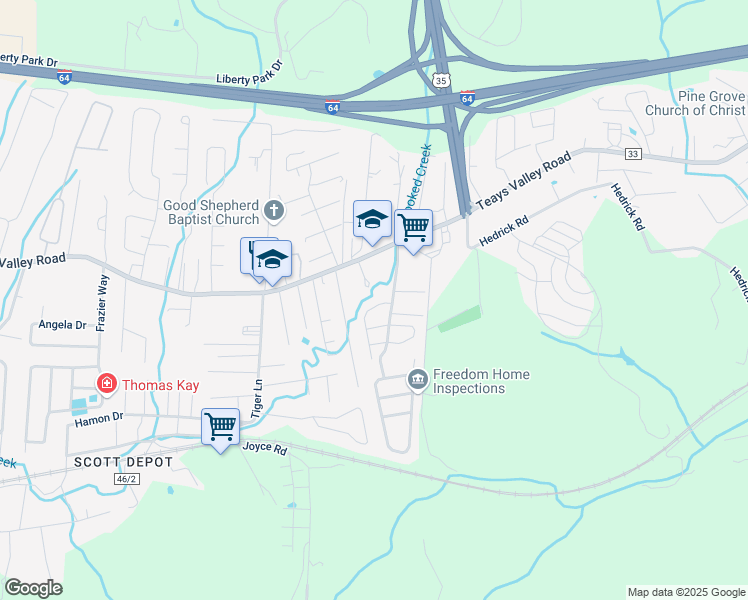 map of restaurants, bars, coffee shops, grocery stores, and more near 82 Bent Tree Estates in Scott Depot