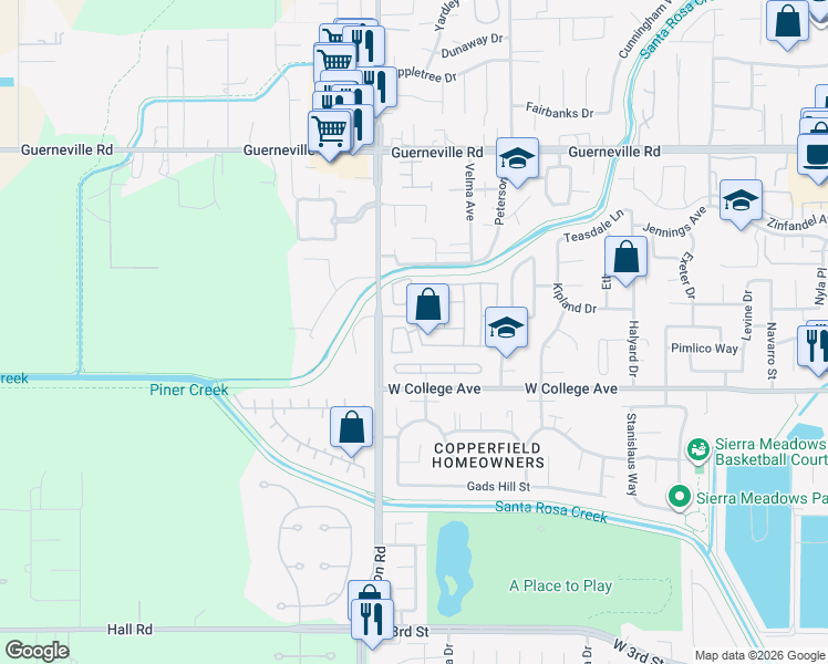 map of restaurants, bars, coffee shops, grocery stores, and more near 16 Heyford Circle in Santa Rosa