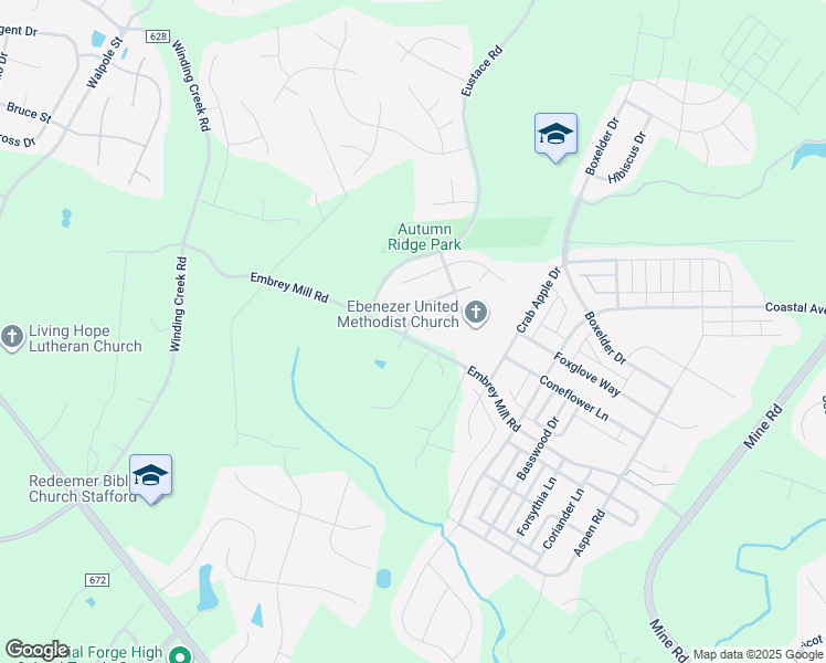 map of restaurants, bars, coffee shops, grocery stores, and more near 2 Redbud Circle in Stafford