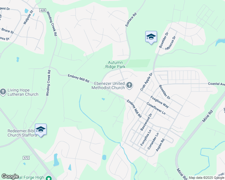 map of restaurants, bars, coffee shops, grocery stores, and more near 2 Redbud Circle in Stafford