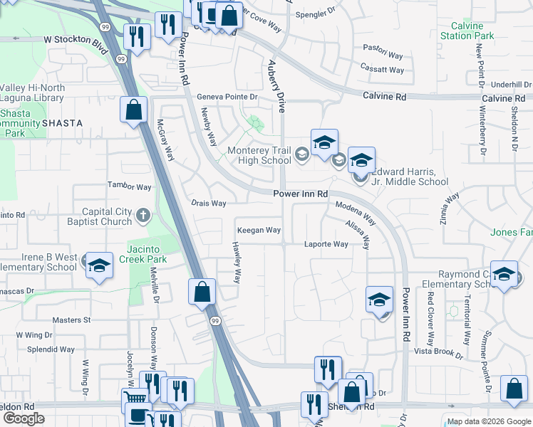map of restaurants, bars, coffee shops, grocery stores, and more near 8265 Keegan Way in Elk Grove