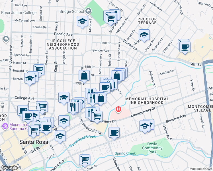 map of restaurants, bars, coffee shops, grocery stores, and more near 713 Spring Street in Santa Rosa