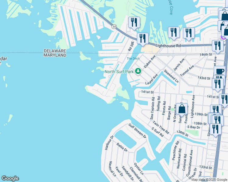 map of restaurants, bars, coffee shops, grocery stores, and more near 13487 Bella Vista Lane in Ocean City