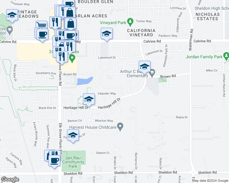 map of restaurants, bars, coffee shops, grocery stores, and more near 9065 Tillander Way in Elk Grove