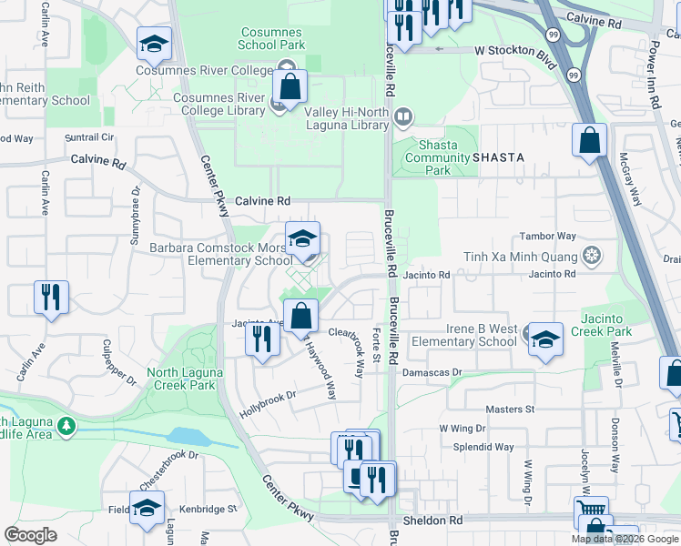 map of restaurants, bars, coffee shops, grocery stores, and more near 5204 Dartford Drive in Sacramento