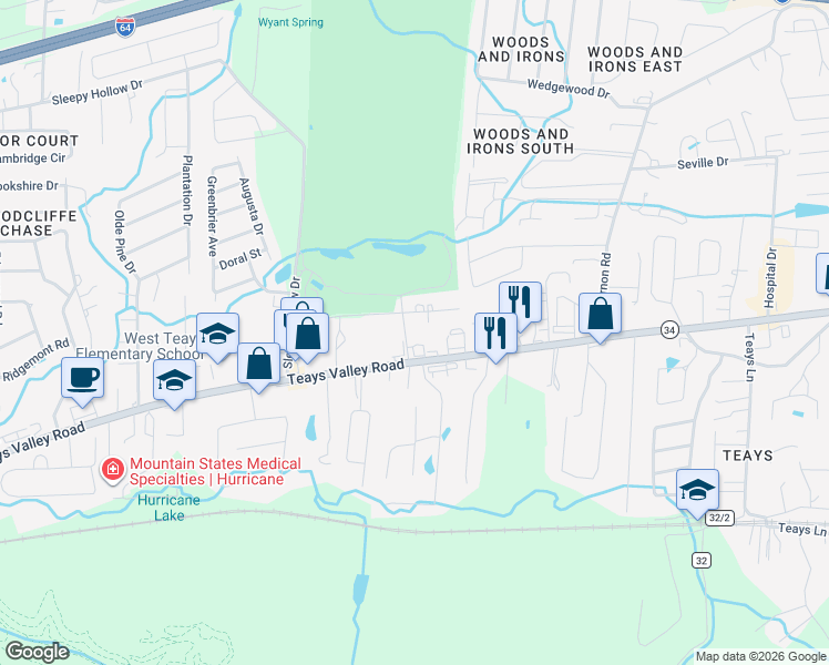 map of restaurants, bars, coffee shops, grocery stores, and more near 3738 Teays Valley Road in Hurricane