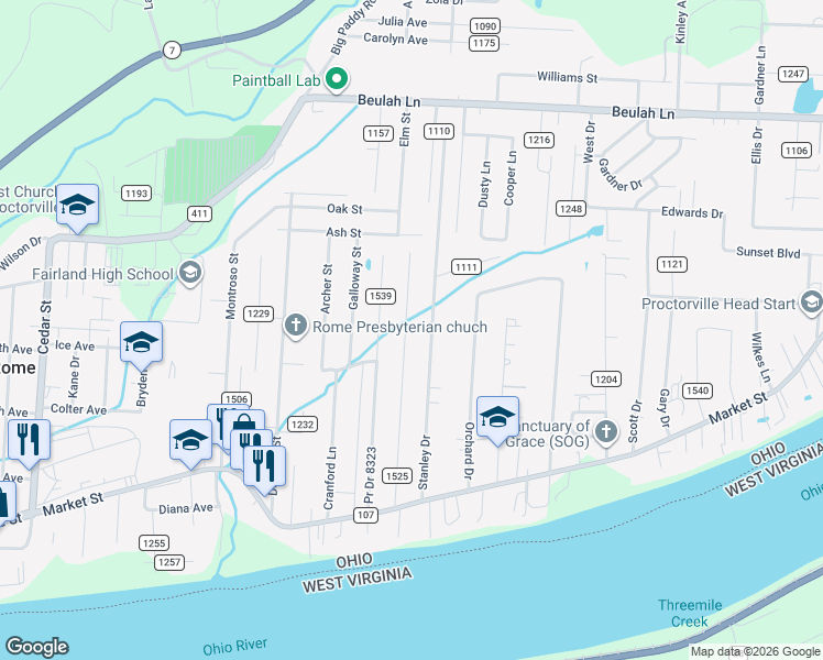 map of restaurants, bars, coffee shops, grocery stores, and more near 326 Crown Pointe Court in Proctorville