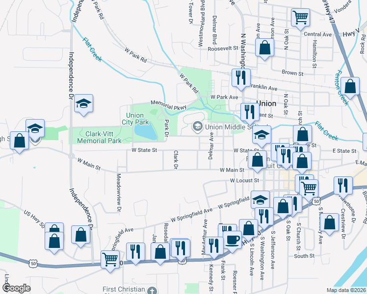 map of restaurants, bars, coffee shops, grocery stores, and more near 616 West State Street in Union