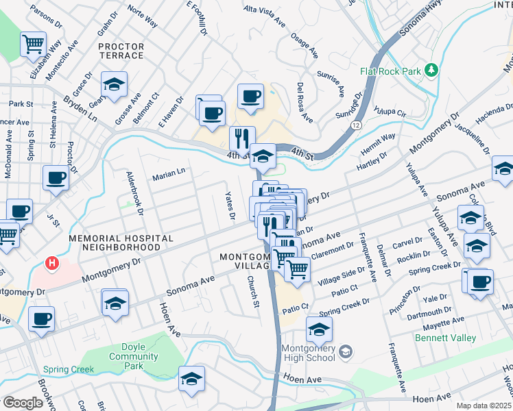 map of restaurants, bars, coffee shops, grocery stores, and more near 411 Farmers Lane in Santa Rosa