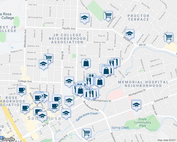 map of restaurants, bars, coffee shops, grocery stores, and more near 701 Monroe Street in Santa Rosa