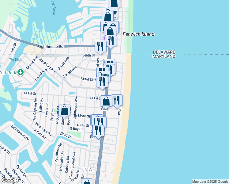 map of restaurants, bars, coffee shops, grocery stores, and more near 6 141st Street in Ocean City
