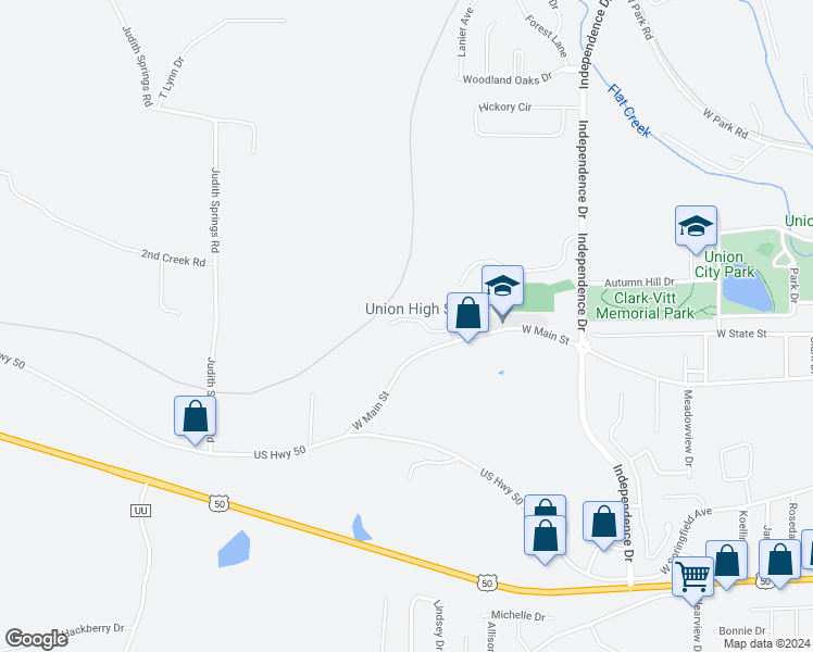 map of restaurants, bars, coffee shops, grocery stores, and more near 1327 West Main Street in Union