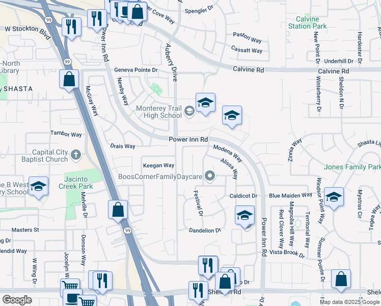 map of restaurants, bars, coffee shops, grocery stores, and more near 8557 Armada Court in Elk Grove