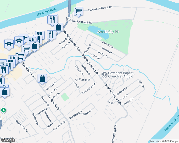 map of restaurants, bars, coffee shops, grocery stores, and more near 2345 Jackson Drive in Arnold