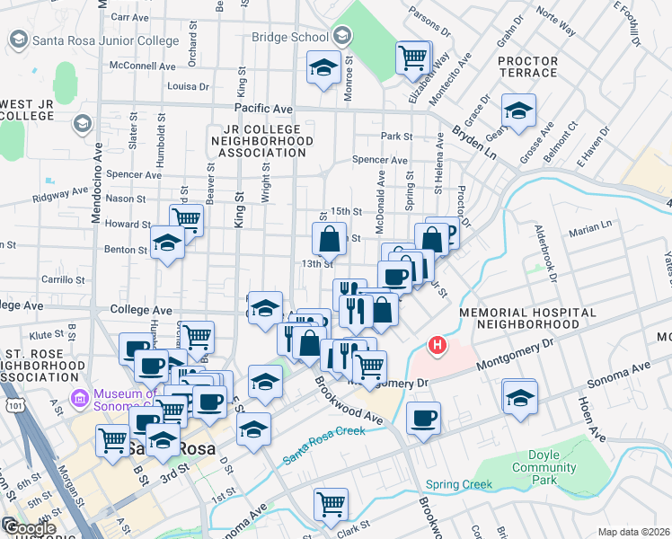 map of restaurants, bars, coffee shops, grocery stores, and more near 1216 13th Street in Santa Rosa