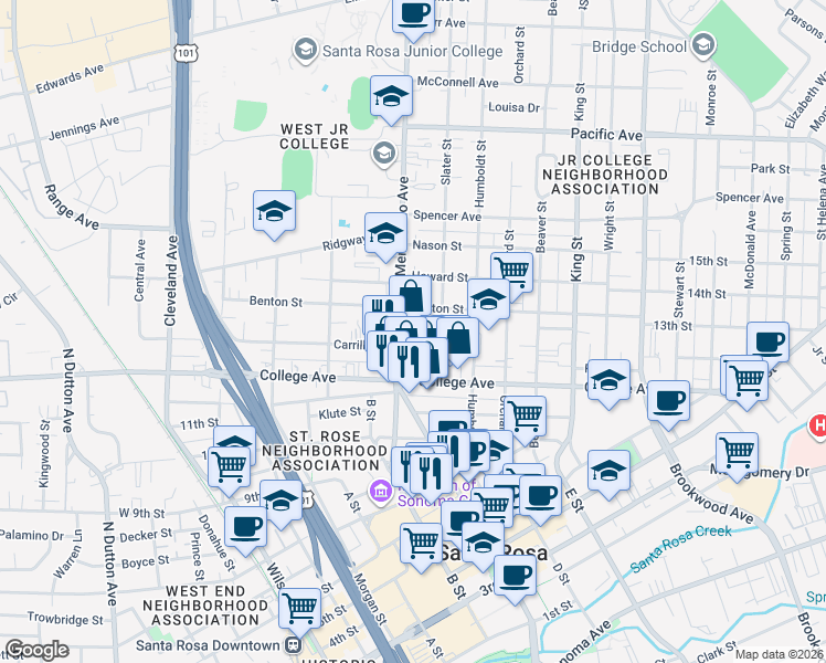 map of restaurants, bars, coffee shops, grocery stores, and more near 731 Slater Street in Santa Rosa